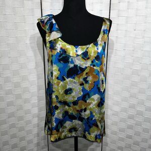 Theory Womens Silk Sleeveless Blouse Size Large Abstract Watercolor Ruffle Tank